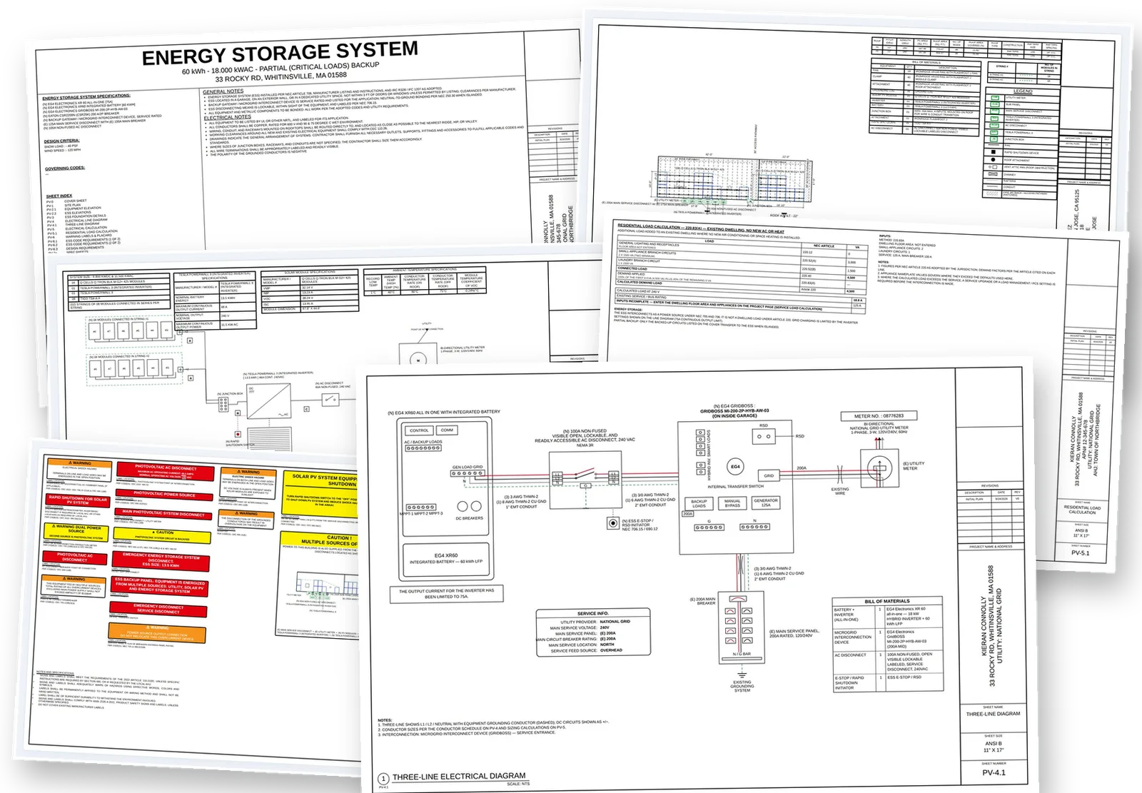 Sheets from a Ballast plan set: cover, site plan, three-line diagram, load calculation and labels
